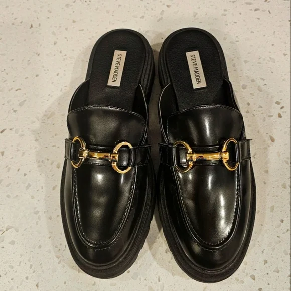 Steve Madden Black Chunky Mule Loafers with Gold Detailed Hardware Sz 9.5 - Picture 2 of 7